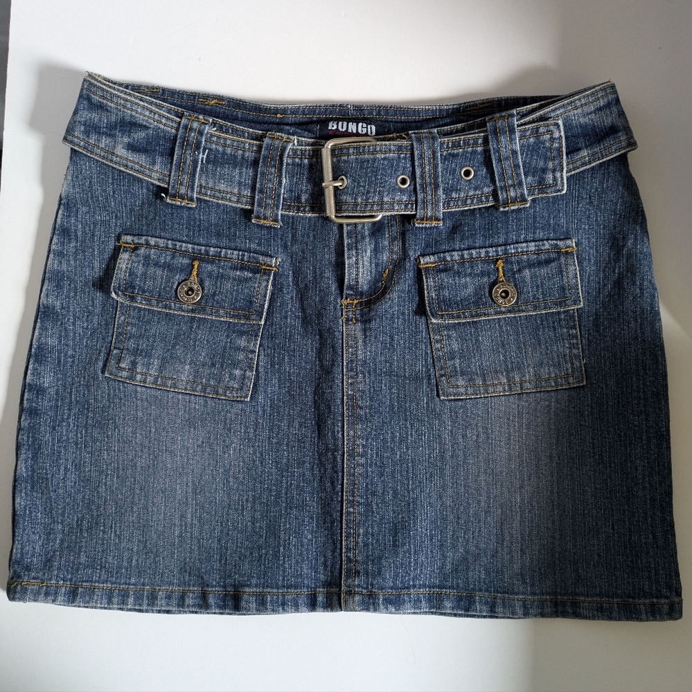 BONGO Blue Denim Mini Jean Skirt Attached Belt Size 5 Vintage